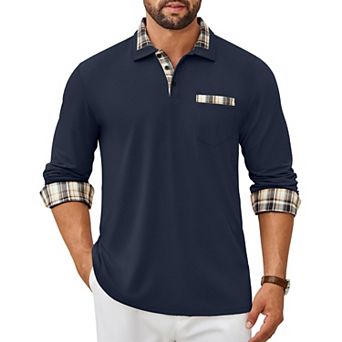 COOFANDY Men' Polo Shirt Long Sleeve Casual Button Polo Tee Plaid Collared Golg Shirt with Pocket