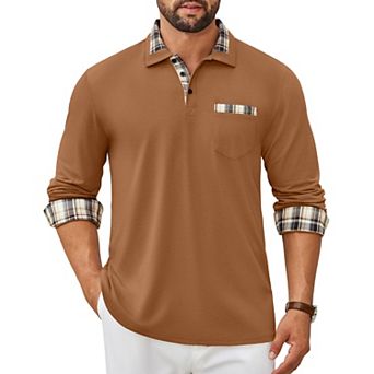 COOFANDY Men' Polo Shirt Long Sleeve Casual Button Polo Tee Plaid Collared Golg Shirt with Pocket