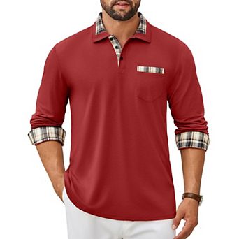 COOFANDY Men' Polo Shirt Long Sleeve Casual Button Polo Tee Plaid Collared Golg Shirt with Pocket