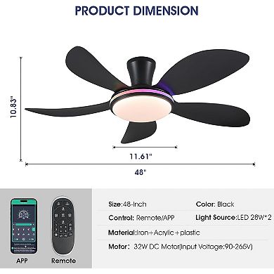 48-Inch Flush Mount Ceiling Fan with RGB Light,Remote and App Control,Quiet Reversible DC Motor