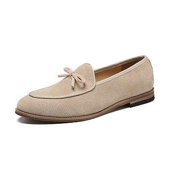 Men's Beige Suede Bow Loafers Classic Slip-On Dress Shoes