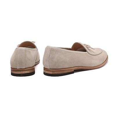 Men's Beige Suede Bow Loafers Classic Slip-On Dress Shoes