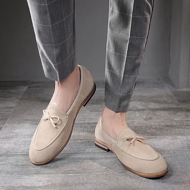 Men's Beige Suede Bow Loafers Classic Slip-On Dress Shoes