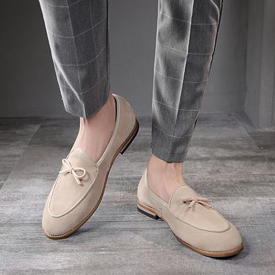 Men's Beige Suede Bow Loafers Classic Slip-On Dress Shoes