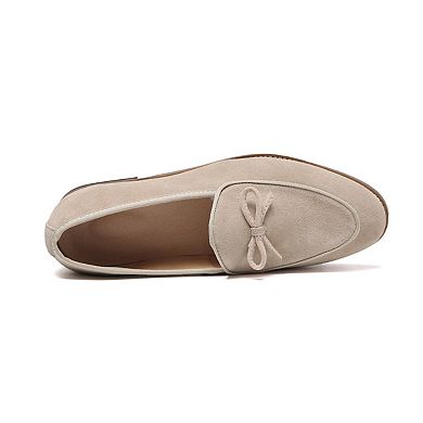 Men's Beige Suede Bow Loafers Classic Slip-On Dress Shoes