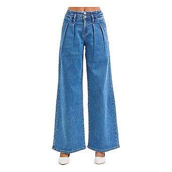 RISEN Full Size Mid Rise Fit Wide Leg with Pleated Detail Jeans Plus Size