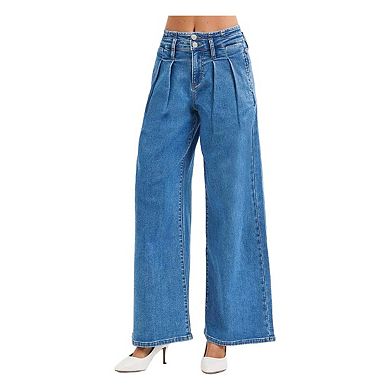 RISEN Full Size Mid Rise Fit Wide Leg with Pleated Detail Jeans Plus Size