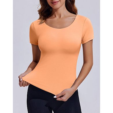 Pinspark Women's Crew Neck Fitted Workout Tops Double Lined Running Pickleball Athletic Shirt