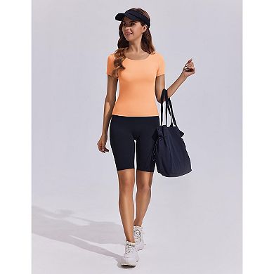 Pinspark Women's Crew Neck Fitted Workout Tops Double Lined Running Pickleball Athletic Shirt