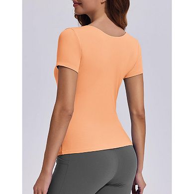 Pinspark Women's Crew Neck Fitted Workout Tops Double Lined Running Pickleball Athletic Shirt