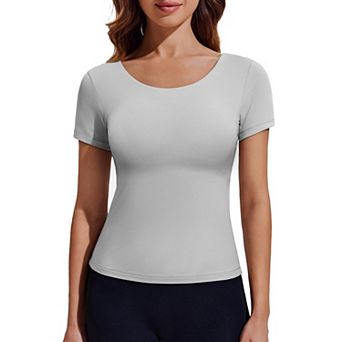 Pinspark Women's Crew Neck Fitted Workout Tops Double Lined Running Pickleball Athletic Shirt