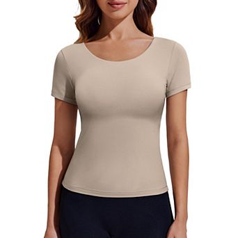 Pinspark Women's Crew Neck Fitted Workout Tops Double Lined Running Pickleball Athletic Shirt