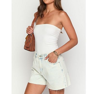 Women High Waisted Denim Shorts Casual Frayed Hem With Pocket