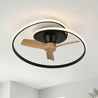 31" Modern Black Low Profile Flush Mount Ceiling Fan with Dimmable Spiral Ring LED and Remote
