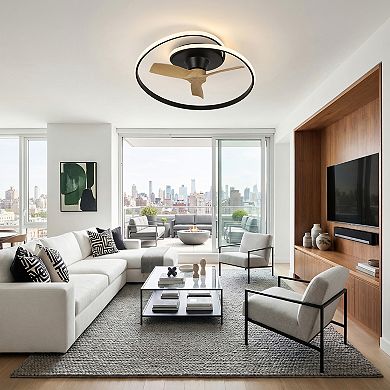 31" Modern Black Low Profile Flush Mount Ceiling Fan with Dimmable Spiral Ring LED and Remote