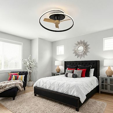 31" Modern Black Low Profile Flush Mount Ceiling Fan with Dimmable Spiral Ring LED and Remote