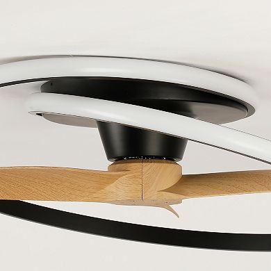 31" Modern Black Low Profile Flush Mount Ceiling Fan with Dimmable Spiral Ring LED and Remote