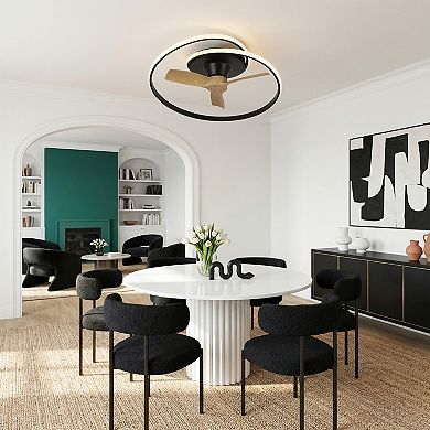 31" Modern Black Low Profile Flush Mount Ceiling Fan with Dimmable Spiral Ring LED and Remote