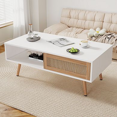 KWPZQEB Coffee Table with Storage, Rectangular Center Table with Rattan Door for Living Room
