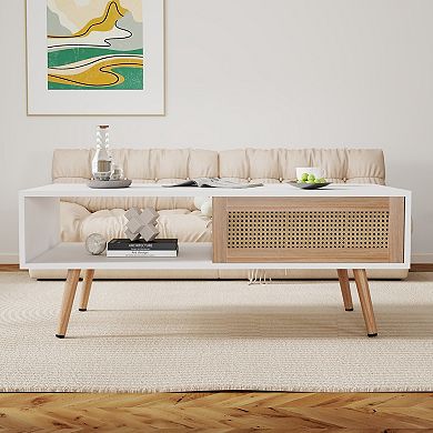 KWPZQEB Coffee Table with Storage, Rectangular Center Table with Rattan Door for Living Room