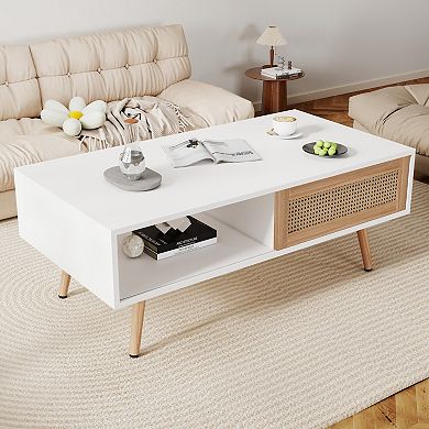 KWPZQEB Coffee Table with Storage, Rectangular Center Table with Rattan Door for Living Room
