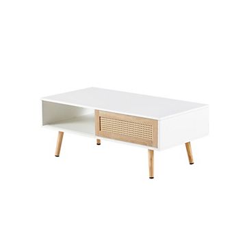 KWPZQEB Coffee Table with Storage, Rectangular Center Table with Rattan Door for Living Room