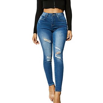 Women's High Waisted Ripped Skinny Jeans Distressed Denim Pants