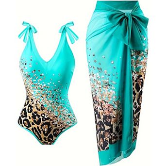 Women's Rhinestone Leopard Print One Piece Swimsuit with Matching Sarong