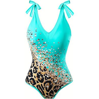 Women's Rhinestone Leopard Print One Piece Swimsuit with Matching Sarong