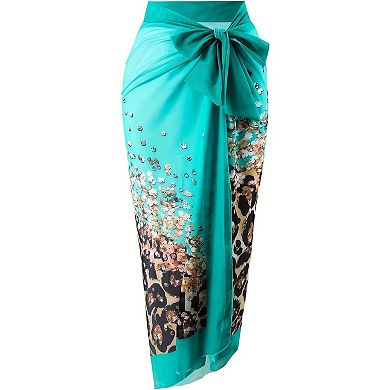 Women's Rhinestone Leopard Print One Piece Swimsuit with Matching Sarong