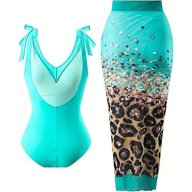 Women's Rhinestone Leopard Print One Piece Swimsuit with Matching Sarong