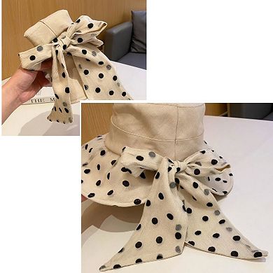 Polka Dot Wide Brim Sun Hat with Bow Detail Elegant Summer Bucket Hat