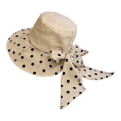 Polka Dot Wide Brim Sun Hat with Bow Detail Elegant Summer Bucket Hat