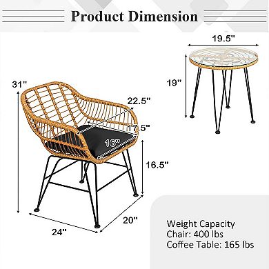 3 Pieces Rattan Furniture Set with Cushioned Chair Table