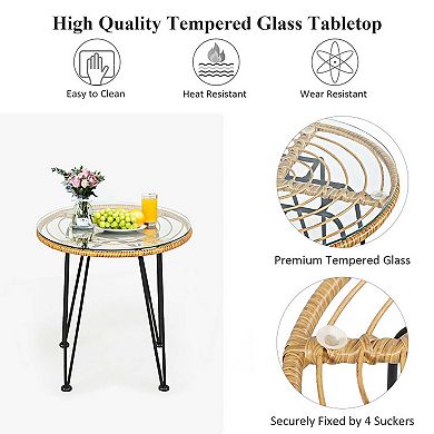 3 Pieces Rattan Furniture Set with Cushioned Chair Table