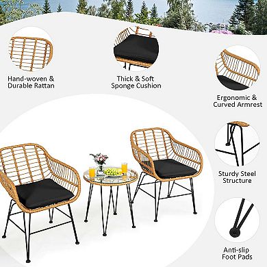 3 Pieces Rattan Furniture Set with Cushioned Chair Table