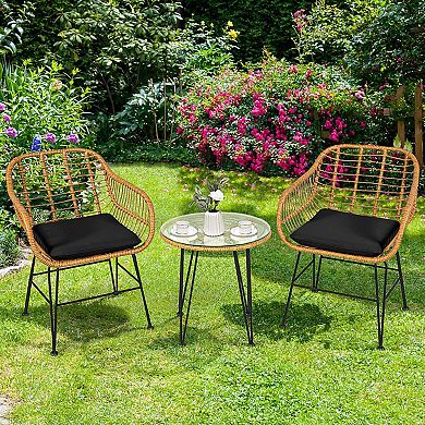 3 Pieces Rattan Furniture Set with Cushioned Chair Table