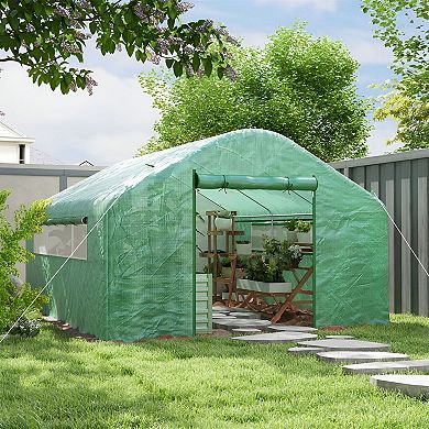 Walk-In Garden Greenhouse with PE Cover, Roll-Up Door and Windows