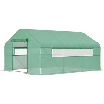 Walk-In Garden Greenhouse with PE Cover, Roll-Up Door and Windows