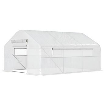 Walk-In Garden Greenhouse with PE Cover, Roll-Up Door and Windows