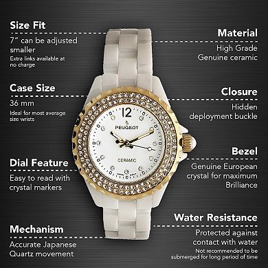 Peugeot Womens 36mm Round White Ceramic Watch with Double Row Crystal Bezel