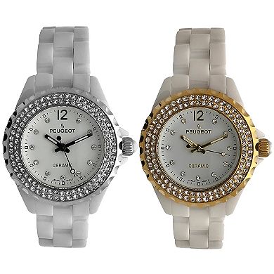 Peugeot Womens 36mm Round White Ceramic Watch with Double Row Crystal Bezel