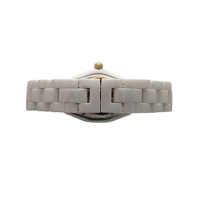 Peugeot Womens 36mm Round White Ceramic Watch with Double Row Crystal Bezel