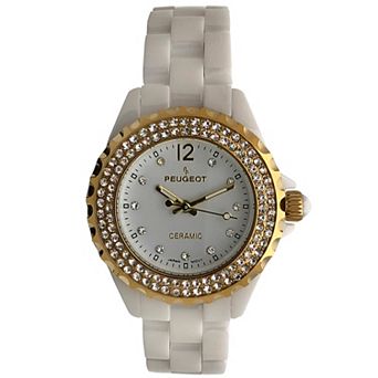 Peugeot Womens 36mm Round White Ceramic Watch with Double Row Crystal Bezel