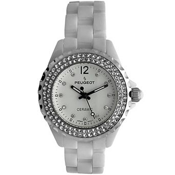 Peugeot Womens 36mm Round White Ceramic Watch with Double Row Crystal Bezel