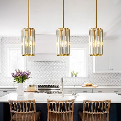 Modern Cylinder Crystal Pendant Light Adjustable Hanging Lamp for Kitchen Island Bathroom Hallway