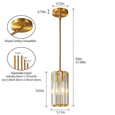 Modern Cylinder Crystal Pendant Light Adjustable Hanging Lamp for Kitchen Island Bathroom Hallway