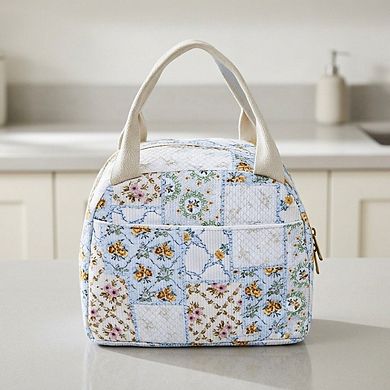 Floral Patchwork Zip Top Lunch Bag Small Travel Tote with Handle Lightweight Organizer