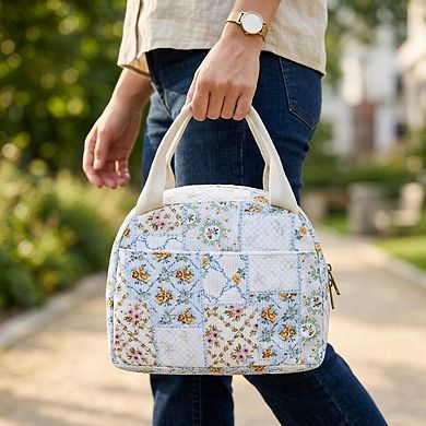 Floral Patchwork Zip Top Lunch Bag Small Travel Tote with Handle Lightweight Organizer