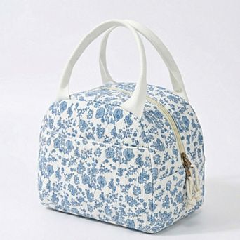 Floral Patchwork Zip Top Lunch Bag Small Travel Tote with Handle Lightweight Organizer